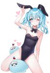  1girl :o absurdres animal_ears arahashi_tabi arm_at_side bare_legs bare_shoulders black_bow black_bowtie black_leotard blue_eyes blue_hair blush bow bowtie breasts cowboy_shot detached_collar dot_nose fake_animal_ears hand_on_headwear heart highleg highleg_leotard highres leaning_to_the_side leotard looking_at_viewer nose_blush one_eye_closed open_mouth picter playboy_bunny rabbit_ears short_hair short_twintails sidelocks simple_background small_breasts solo stellive twintails virtual_youtuber white_background 