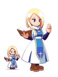  1girl amulet blonde_hair blue_sleeves book brown_footwear closed_mouth cross dress forehead from_side full_body holding holding_book jewelry long_skirt necklace nun original parted_bangs pixelflag priest profile short_hair skirt stop_(gesture) traditional_nun white_dress 