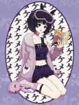  1girl animal_ears animal_slippers black_hair blunt_ends bob_cut bobobo-bo_bo-bobo bobobo-bo_bo-bobo_(character) book border breasts bunny_slippers cardigan choker collarbone cropped_shirt fake_animal_ears full_body fur_socks hand_up highres holding holding_book lace-trimmed_shirt lace-trimmed_shorts lace_trim large_breasts legwear_garter long_sleeves manga_(object) mask mask_on_head midriff nijisanji nkymyura off_shoulder open_cardigan open_clothes open_mouth outside_border oval_background purple_border purple_cardigan purple_eyes purple_shorts purple_socks rabbit_ears reading shirt short_hair shorts sitting sleep_mask sleepwear sleeveless sleeveless_shirt slippers socks solo text_background tsukino_mito tsukino_mito_(18th_costume) virtual_youtuber wariza 