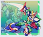  1boy arm_blade arm_cannon armor blade_armor_x_(mega_man) blue_headwear clenched_teeth energy_blade english_commentary forehead_jewel full_body green_eyes green_headwear helmet highres mega_man_(series) mega_man_x_(series) surrealmason teeth twitter_username weapon white_armor white_headwear x_(mega_man) zoom_layer 