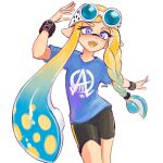  1girl asymmetrical_sidelocks big_hair bike_shorts blonde_hair blue_hair blue_shirt braid braided_sidelock colored_eyelashes commission english_commentary eyebrow_cut goggles goggles_on_head gradient_hair highres inkling inkling_girl inkling_player_character long_hair low-tied_sidelocks multicolored_hair open_mouth pointy_ears print_shirt purple_eyes seatha shirt simple_background single_braid smile solo splatoon_(series) teeth tentacle_hair two-tone_hair very_long_hair watch white_background wristwatch 