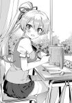  1girl blush book breasts chair desk eraser fate/grand_order fate_(series) hair_ribbon hanabana_tsubomi handheld_game_console holding holding_handheld_game_console homurahara_academy_school_uniform indoors large_breasts looking_at_viewer mechanical_pencil nervous nintendo_switch open_mouth pencil pencil_case ponytail puffy_short_sleeves puffy_sleeves ribbon school_chair school_desk school_uniform short_sleeves sitting skindentation skirt solo sweat thighhighs tomoe_gozen_(fate) tree window 