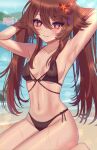  1girl arms_up artist_name beach bikini black_bikini blush breasts brown_hair closed_mouth flower flower-shaped_pupils genshin_impact hair_between_eyes hair_flower hair_ornament highres hu_tao_(genshin_impact) long_hair looking_at_viewer navel ocean purple_tassel red_eyes sand sitting smile solo su_niii sweat swimsuit symbol-shaped_pupils tassel tassel_hair_ornament twintails very_long_hair 