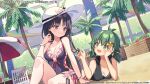  2girls :d antenna_hair arm_at_side assault_lily bare_arms bare_shoulders black_hair black_one-piece_swimsuit blush bracelet breasts casual_one-piece_swimsuit chair cleavage closed_mouth collarbone commentary_request cross-laced_clothes cross-laced_one-piece_swimsuit day dutch_angle fang flower frilled_one-piece_swimsuit frills green_eyes green_hair hair_flower hair_ornament hairclip halterneck hand_on_own_cheek hand_on_own_face hand_up hat hat_flower head_rest highres holding_another&#039;s_hair jewelry knee_up long_hair looking_at_another looking_down looking_to_the_side looking_up lounge_chair low_twintails lying medium_breasts multiple_girls official_alternate_costume official_alternate_hairstyle official_art on_ground on_stomach one-piece_swimsuit open_mouth outdoors palm_tree parasol pink_flower purple_eyes red_flower ring sand shirai_yuyu short_hair short_twintails sitting smile sun_hat swimsuit thigh_strap tree twintails umbrella watermark white_flower white_headwear yellow_flower yoshimura_thi_mai zoirun 
