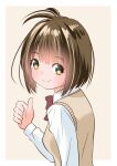  1girl bow bowtie collared_shirt from_behind light_brown_background light_brown_hair looking_at_viewer looking_back original red_bow school_uniform shirt short_hair smile thumbs_up upper_body white_shirt yamanaka_kouji_(yanchiki2001) 