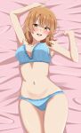  1girl arms_up ass_visible_through_thighs bed_sheet blonde_hair blue_bra blue_panties blush bra breasts cowboy_shot dars_(recolors) from_above highres isshiki_iroha looking_at_viewer lying medium_breasts medium_hair navel on_back open_mouth panties smile solo underwear underwear_only yahari_ore_no_seishun_lovecome_wa_machigatteiru. yellow_eyes 