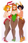  3girls absurdres alex_(totally_spies) animal_ears arm_around_waist ass black_hair blonde_hair blue_eyes bow bowtie breasts brown_eyes brown_hair cleavage clover_(totally_spies) detached_collar fake_animal_ears fake_tail green_eyes green_leotard high_heels highleg highleg_leotard highres large_breasts leotard long_hair looking_at_viewer medium_breasts multiple_girls pantyhose playboy_bunny rabbit_ears rabbit_tail red_leotard sam_(totally_spies) satelyte short_hair strapless strapless_leotard tail totally_spies wrist_cuffs yellow_leotard 