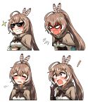  ! 1girl =_= absurdres ahoge angry blush bow bowtie brown_bow brown_bowtie brown_capelet brown_eyes brown_hair cape capelet commentary ddolbang deal_with_it_(meme) double-parted_bangs english_commentary expressions feather_hair_ornament feathers full-face_blush gloves green_cape grin hair_between_eyes hair_ornament hairclip highres hololive hololive_english hood hooded_capelet meme multicolored_hair multiple_views nanashi_mumei nanashi_mumei_(1st_costume) partially_fingerless_gloves ponytail shirt simple_background smile streaked_hair sunglasses tearing_up underbust virtual_youtuber wavy_mouth white_background white_shirt 
