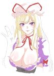  0002koko 1girl absurdres blonde_hair breasts cleavage gloves hat highres long_hair mob_cap puffy_short_sleeves puffy_sleeves short_sleeves simple_background smile solo touhou upper_body white_background white_gloves yakumo_yukari 