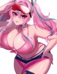  1girl absurdres azur_lane bikini blue_hair breasts bremerton_(azur_lane) choker cleavage front-tie_bikini_top front-tie_top hair_intakes hand_on_own_hip highres large_breasts lifebuoy_choker long_hair looking_at_viewer multicolored_hair pink_bikini pink_eyes pink_hair rettou_01 salute short_shorts shorts simple_background smile solo streaked_hair swimsuit tongue tongue_out twintails white_background 