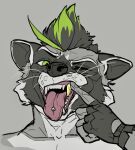 anthro gold_(metal) gold_tooth grey_background greyscale male mammal monochrome one_eye_closed piercing procyon_(redsummer) procyonid raccoon redsummer showing_teeth simple_background solo tongue tongue_out tongue_piercing