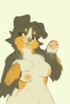 2019 anthro bernese_mountain_dog breasts brown_body brown_ears brown_fur button_ears canid canine canis cheek_tuft countershading crizones_paws cute_expression domestic_dog facial_tuft fangs female floppy_ears fur grey_nose half-length_portrait handpaw hi_res looking_aside lulu_(thorn_paw) mammal molosser mountain_dog navel nipples nude pawpads paws pink_nipples pink_pawpads portrait simple_background slightly_chubby slightly_chubby_anthro slightly_chubby_female smile solo swiss_mountain_dog tan_background tan_body tan_countershading teeth tongue tongue_out tuft whiskers
