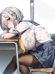  1girl absurdres black_pantyhose blue_eyes blush bra_visible_through_clothes breasts desk food gloves grey_hair hair_ornament hair_over_one_eye hairclip hamakaze_(kancolle) highres impossible_clothes impossible_shirt kantai_collection large_breasts looking_at_viewer mouth_hold neckerchief pantyhose pleated_skirt pocky school_desk school_uniform see-through see-through_shirt serafuku shirt short_hair short_sleeves sitting skirt solo torisan wet wet_clothes white_gloves 