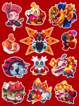  absurdres brute_bonnet charcadet claws commentary crocalor crocodilian cross-shaped_pupils delibird detached_wings fangs fire fish fuecoco highres iron_moth iron_treads meloetta meloetta_(pirouette) multiple_wings no_humans open_mouth pokemon pokemon_(creature) red_background red_eyes shichi_(7cube_ori) simple_background skeledirge skin_fangs symbol-shaped_pupils tatsugiri tatsugiri_(curly) volcarona white_fur wings wolf yellow_eyes zamazenta zamazenta_(crowned) 