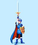  1boy blue_footwear blue_hair blue_tunic cape fire_emblem fire_emblem:_mystery_of_the_emblem full_body gauntlets gold_belt highres holding holding_sword holding_weapon looking_up nintendo pants pixel_art pixelflag pointing_weapon shield short_hair sword tiara weapon white_sleeves 