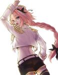  arm_up astolfo_(fate) astolfo_(type-moon_racing)_(fate) black_bow black_shirt black_shorts black_thighhighs bow braid cowboy_shot crop_top cropped_jacket epaulettes fate/apocrypha fate_(series) from_behind hair_between_eyes hair_bow hair_intakes hand_on_own_hip haoro highres jacket long_braid long_hair long_sleeves male_focus midriff multicolored_hair official_alternate_costume open_clothes open_jacket open_mouth otoko_no_ko pink_hair purple_eyes race_queen shirt shorts sidelocks simple_background single_braid smile streaked_hair thighhighs twitter_username two-tone_hair very_long_hair white_background white_headwear white_jacket zettai_ryouiki 