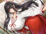  1girl absurdres ass black_hair blunt_bangs blush breasts cleavage hakama hakama_skirt highres hime_cut huge_breasts japanese_clothes kimono large_breasts long_hair looking_at_viewer masami_chie miko non-web_source original purple_eyes red_hakama robe skirt smile solo wide_sleeves 