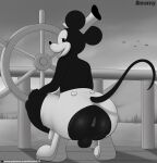 absurd_res anthro backsack balls big_butt boat bottomwear butt clothing derickk76 disney footwear furgonomics genitals greyscale hat headgear headwear hi_res male mammal mickey_mouse monochrome mouse murid murine open_mouth outside pants presenting presenting_hindquarters rear_view rodent shirtless shoes sky smile solo steamboat steamboat_willie tail torn_bottomwear torn_clothing torn_pants vehicle wardrobe_malfunction watercraft