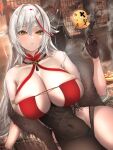  1girl :o aegir_(azur_lane) aegir_(golden_dragon_among_auspicious_clouds)_(azur_lane) azur_lane bare_shoulders black_garter_straps black_gloves breasts brown_horns calligraphy_brush check_commentary cleavage commentary_request covered_navel criss-cross_halter cross-eyed crying crying_with_eyes_open dress framed_breasts garter_straps gloves hair_on_horn halterneck highres holding holding_calligraphy_brush holding_paintbrush horn_ornament horns huge_breasts incense long_hair looking_at_viewer manjuu_(azur_lane) multicolored_hair official_alternate_costume opi_gyuniku paint_on_body paintbrush red_hair sideless_outfit skindentation sleeveless sleeveless_dress solo streaked_hair tears two-tone_hair very_long_hair white_hair yellow_eyes 
