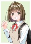  1girl backpack bag black_bag bow collared_shirt hair_between_eyes light_brown_hair looking_at_viewer original school_bag school_uniform shirt short_hair smile sweater sweater_vest teeth thumbs_up upper_body white_shirt yamanaka_kouji_(yanchiki2001) 