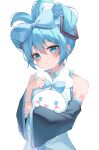  1girl :o absurdres animal_hug bare_shoulders black_sleeves blue_eyes blue_hair blue_necktie blush cinnamiku cinnamoroll collarbone collared_shirt detached_sleeves dot_nose frilled_shirt frills hair_between_eyes hatsune_miku highres long_sleeves looking_at_viewer necktie number_tattoo open_mouth rabbit ryaru_ryaru sanrio shirt short_hair sidelocks sleeveless sleeveless_shirt solo tattoo updo upper_body white_shirt 