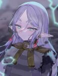  1girl absurdres blurry blurry_background closed_mouth earrings frieren green_eyes grey_hair highres jewelry long_hair looking_at_viewer mile_(off8mile) parted_bangs pointy_ears solo sousou_no_frieren thick_eyebrows upper_body v-shaped_eyebrows 