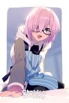  1girl apron black-framed_eyewear black_dress blue_apron blush commentary_request dress echo_(circa) english_text fate/grand_order fate_(series) glasses grey_jacket hair_over_one_eye hood hood_down hooded_jacket jacket long_sleeves looking_at_viewer mash_kyrielight multicolored_clothes multicolored_jacket on_bed one_eye_covered open_clothes open_jacket open_mouth pink_hair purple_eyes short_hair sitting smile solo twitter_username two-tone_jacket white_jacket 