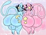 anthro balls big_butt birthday blue_body blue_eyes breasts butt duo english_text eyewear female generation_1_pokemon genitals glasses happy_birthday hi_res huge_butt legendary_pokemon lewdchuu_(artist) male mew_(pokemon) nintendo pink_body pokemon pokemon_(species) pyon_(lewdchuu) shiny_pokemon simple_background star tail text