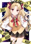  1girl alternate_costume black_skirt blonde_hair blush border breasts brown_eyes caution_tape closed_mouth contrapposto cowboy_shot cuffs curtained_hair earrings ereshkigal_(fate) fate/grand_order fate_(series) hair_ribbon hanabana_tsubomi handcuffs highres holding holding_handcuffs homurahara_academy_school_uniform jewelry keep_out long_hair long_sleeves looking_at_viewer medium_breasts necklace purple_ribbon ribbon school_uniform single_thighhigh skirt smile solo thighhighs tiara two_side_up white_border 