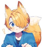  ! 1boy :&lt; animal_ear_fluff animal_ears blonde_hair blue_eyes blue_kimono blush commentary cropped_torso curious curly_eyebrows fluffy fox_boy fox_ears fox_tail hair_over_one_eye hands_up highres japanese_clothes kimono long_bangs male_focus natori_(natori_10) one_piece open_mouth sanji_(one_piece) short_hair short_ponytail simple_background tail white_background 