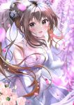  1girl :d aizawa_(aizawatsu) bare_shoulders blush breasts brown_hair cleavage cowboy_shot crossed_bangs day dress elbow_gloves falling_petals flower girls&#039;_frontline gloves gradient_hair hair_between_eyes hair_flower hair_ornament highres k2_(girls&#039;_frontline) large_breasts light_brown_hair lilac looking_at_viewer multicolored_hair open_mouth outdoors petals pink_flower sidelocks sleeveless sleeveless_dress smile solo twintails white_dress white_gloves 