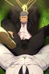  2boys arms_behind_head bara beard between_pectorals black_suit bound bound_wrists bulge bulge_to_ass dry_humping facial_hair feet_out_of_frame formal from_above grey_hair highres humping kito_(clamp5656) large_pectorals looking_at_viewer male_focus mature_male multiple_boys muscular muscular_male navel_hair necktie necktie_between_pectorals old old_man original pectorals pink_shirt pov pov_crotch scar scar_on_cheek scar_on_face scar_on_forehead shirt short_hair sideburns spread_legs suit textless_version thick_thighs thighs white_suit yaoi 