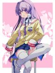  1girl :o akayama_yukihe arm_at_side blazer blue_skirt blush border clannad clueless commentary crossed_legs foot_out_of_frame fujibayashi_kyou green_panties hair_between_eyes hair_intakes hair_ribbon highres hikarizaka_private_high_school_uniform jacket loafers long_hair looking_at_viewer miniskirt open_mouth panties panty_peek pink_background pleated_skirt purple_eyes purple_hair ribbon sailor_collar school_uniform serafuku shoes sidelocks simple_background skirt sleeves_past_wrists solo straight_hair tareme thighhighs thighs tress_ribbon underwear very_long_hair white_border white_footwear white_ribbon white_sailor_collar white_thighhighs yellow_jacket zettai_ryouiki 