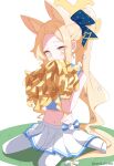  1girl absurdres animal_ear_fluff animal_ears blonde_hair blue_archive blush cheerleader extra_ears fox_ears halo highres holding holding_pom_poms long_hair looking_at_viewer murasame_(sword_of_nmkr) navel pantyhose pleated_skirt pom_pom_(cheerleading) revision seia_(blue_archive) simple_background skirt solo twitter_username white_background white_pantyhose white_skirt yellow_eyes yellow_halo 