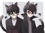 2boys :&lt; :3 amamiya_ren animal_ear_fluff animal_ears black-framed_eyewear black_coat black_eyes black_hair black_jacket black_pants border cat_boy cat_ears cat_tail cheese_dakke closed_mouth coat crossed_arms dual_persona frown glasses grey_background grey_shirt hair_between_eyes highres jacket knee_up knees_up long_sleeves looking_at_another looking_to_the_side male_focus mask morgana_(persona_5) multiple_boys open_clothes open_coat outside_border pants persona persona_5 plaid plaid_pants red_eyes school_uniform shirt short_hair shuujin_academy_school_uniform simple_background sitting smile tail turtleneck white_border white_mask white_shirt 