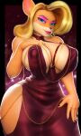 3d_(artwork) absurd_res activision anthro bandicoot big_breasts big_nipples blonde_hair breasts clothed clothing crash_bandicoot_(series) digital_media_(artwork) erect_nipples female hair hand_on_breast hi_res hollow_hip_dress huge_breasts huge_hips lips lipstick looking_at_viewer makeup mammal marsupial mascara nipple_outline nipples sala3dart side_boob skimpy skimpy_dress small_waist solo tawna_bandicoot thick_thighs wide_hips