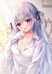 1girl :d black_ribbon blurry blurry_background blush breasts cleavage collarbone collared_shirt commentary_request depth_of_field dress_shirt fang grey_hair hair_between_eyes hair_ornament hair_ribbon hairclip hand_up head_tilt long_hair long_sleeves looking_at_viewer medium_breasts mitsuba_choco original red_eyes ribbon shirt sleeves_past_wrists smile solo two_side_up very_long_hair 