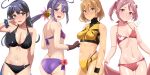  4girls ahoge akebono_(kancolle) akebono_kai_ni_(kancolle) alternate_costume animal_print ass bandaid bandaid_on_face bell bikini black_bikini black_hair blush breasts brown_eyes brown_gloves brown_hair chirashi_(so) cleavage cowboy_shot flower gloves hair_bell hair_between_eyes hair_flower hair_ornament highres jingle_bell kantai_collection large_breasts long_hair multiple_girls navel oboro_(kancolle) pink_hair purple_bikini purple_eyes purple_hair rabbit rabbit_print red_bikini red_eyes red_towel sazanami_(kancolle) short_hair side-tie_bikini_bottom side_ponytail simple_background small_breasts smile standing stomach swimsuit tankini twintails ushio_(kancolle) white_background yellow_bikini 