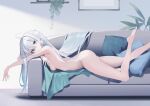  1girl absurdres ahoge barefoot blue_hair breasts closed_mouth completely_nude couch cushion feet foot_out_of_frame foot_up from_side green_eyes grey_hair highres indoors light_blush long_hair looking_at_viewer lying multicolored_hair nude on_couch on_stomach original picture_frame plant rafrog shelf small_breasts smile soles solo streaked_hair toes very_long_hair 