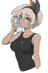  1girl bare_arms bea_(pokemon) black_bodysuit black_hairband blonde_hair blue_eyes bodysuit bottle bow_hairband breasts closed_mouth collarbone commentary_request covered_navel eyelashes hair_between_eyes hairband hand_up highres holding holding_bottle medium_breasts pokemon pokemon_swsh short_hair simple_background solo sweatdrop tsuneshima upper_body water_bottle white_background 