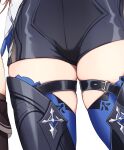  2girls belt black_leotard black_thighhighs crotch_seam eula_(genshin_impact) genshin_impact highres legs_apart leotard lower_body multiple_girls shibuki_kamone skindentation solo_focus thick_thighs thigh_belt thigh_focus thigh_strap thighhighs thighs 