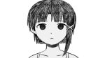  1girl asymmetrical_hair bare_shoulders blunt_ends collarbone empty_eyes expressionless hair_ornament highres iwakura_lain light_frown looking_at_viewer monochrome omori serial_experiments_lain short_hair simple_background single_sidelock sleeveless solo straight-on white_background x_hair_ornament yurumenoika_eva 
