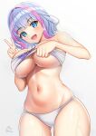  1girl :d absurdres artist_name ass_visible_through_thighs bare_arms bare_shoulders bikini bikini_top_lift blue_eyes blue_hair blush breasts cleavage clothes_lift clothes_writing commentary_request dolphin_wave fingernails from_below gradient_background grey_background hands_up highres kukuri_tomo large_breasts lifted_by_self looking_at_viewer multicolored_hair navel pinesphere pink_hair short_hair smile solo standing stomach strapless strapless_bikini streaked_hair swimsuit two-tone_hair underboob v wet wet_hair white_background white_bikini 