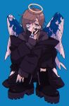  1boy angel_wings black_footwear black_jacket black_pants black_shirt blood bloody_wings blue_background blue_blood blue_nails boots brown_hair elbow_on_knee feathered_wings full_body grey_eyes hair_tie halo hand_up highres jacket jacket_partially_removed jewelry kanae_(nijisanji) male_focus medium_hair mole mole_under_eye nasi_w2 nijisanji pants platform_boots platform_footwear ring shirt simple_background sleeves_past_wrists solo squatting sticker_on_face sticker_on_hand v white_wings wings yellow_halo 