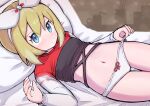  1girl blonde_hair blue_eyes blush bow_hairband closed_mouth commentary_request eyelashes hairband hand_up head_on_pillow highres irida_(pokemon) irida_(special_costume)_(pokemon) kutabireta_neko long_sleeves lying navel official_alternate_costume on_back panties pillow pokemon pokemon_masters_ex shirt short_hair solo underwear white_hairband white_panties 