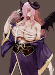  1girl bare_shoulders bat_wings black_horns black_wings breasts brown_background chest_sarashi cleavage collarbone demon_girl demon_horns demon_wings hair_over_one_eye hand_in_own_hair highres horns huge_breasts japanese_clothes kimono long_hair looking_at_viewer obi off_shoulder original pink_hair purple_kimono red_eyes sarashi sash simple_background smile solo tomatolover16 wings 