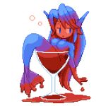  1girl alcohol blue_eyes blue_hair blue_skin breasts colored_skin cup drinking_glass fins fish_tail full_body long_hair mermaid monster_girl multicolored_hair original parted_bangs pixel_art pixelflag pointy_ears sitting tail wine wine_glass 