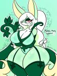 anthro big_breasts breasts eyewear female generation_5_pokemon glasses green_background green_body hair hi_res lewdchuu_(artist) navel nintendo pokemon pokemon_(species) red_eyes serperior simple_background solo tail thick_thighs white_hair