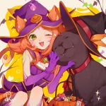  2girls :d ^_^ absurdres alternate_form animal_ears animal_hands bewitching_neeko bewitching_nidalee blush cat_ears cat_tail closed_eyes cougar_(animal) facial_mark fang fangs green_eyes halloween hat highres league_of_legends looking_at_another medium_hair multiple_girls neeko_(league_of_legends) nidalee one_eye_closed orange_hair petting ruan_chen_yue signature smile tail upper_body whisker_markings witch_hat 