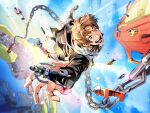  1boy abare_black anchor black_jacket blurry blurry_background brown_hair chain city cloud deka_blue falling gokai_silver highres ikari_gai jacket kaizoku_sentai_gokaiger midair open_mouth scarf short_hair spacecraft sparkle star-shaped_pupils star_(symbol) sunrise super_sentai symbol-shaped_pupils t_k_g teeth tongue toy white_scarf 